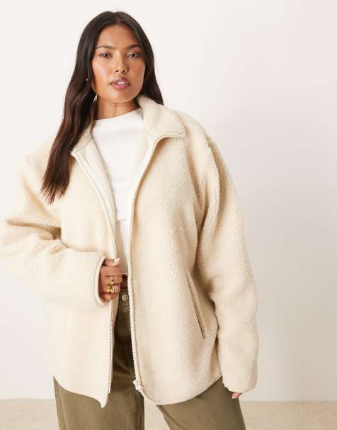 ASOS DESIGN Curve - Cremehvid fleece-trøje med gennemgående lynlås i imiteret lammeskind - view 1