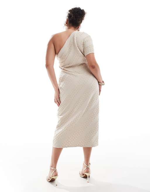 ASOS DESIGN Curve - Cremehvid midikjole med struktur og plisserede detaljer, 2 af 4