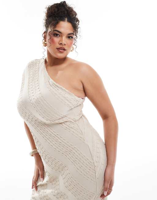 ASOS DESIGN Curve - Cremehvid midikjole med struktur og plisserede detaljer, 3 af 4
