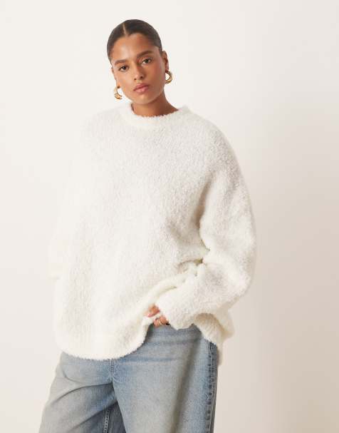 ASOS DESIGN Curve - Cremehvid oversized trøje med buet kant i strikket bouclé - view 1