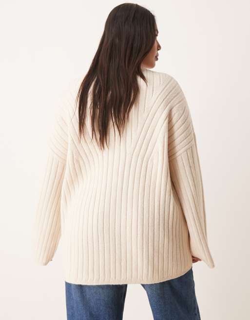 ASOS DESIGN Curve - Cremehvid ribstrikket longline-trøje med rund hals, 4 af 4