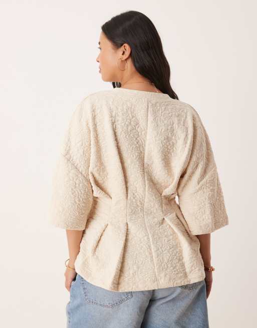 ASOS DESIGN Curve - Cremehvid top med korte ærmer og blomstermønster i jacquard, 2 af 4