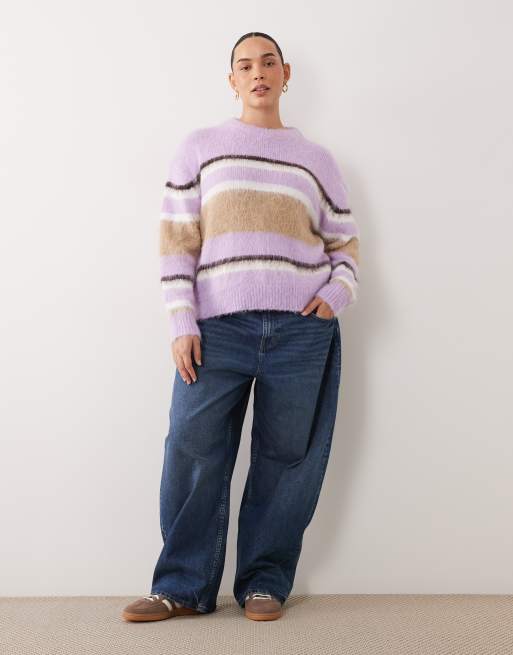 ASOS DESIGN Curve crew neck boxy jumper in brushed stripe in lilac, 2 of 4