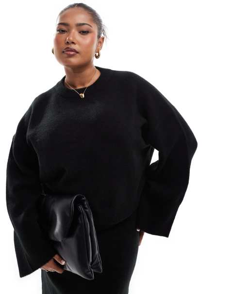 ASOS DESIGN Curve crew neck boxy jumper with wide cuff in black - view 1