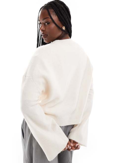 ASOS DESIGN Curve crew neck boxy jumper with wide cuff in cream, 2 of 4