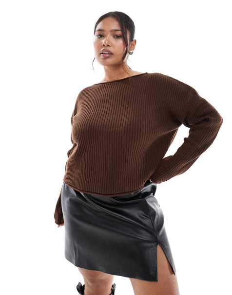 ASOS DESIGN Curve crew neck boxy rib knit sweater with rolled edges in chocolate - view 1