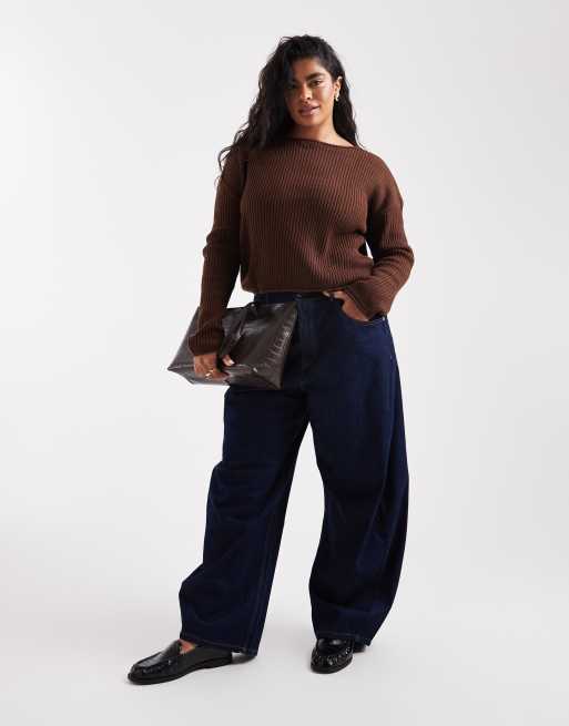 ASOS DESIGN Curve crew neck boxy rib knit sweater with rolled edges in chocolate, 2 of 4