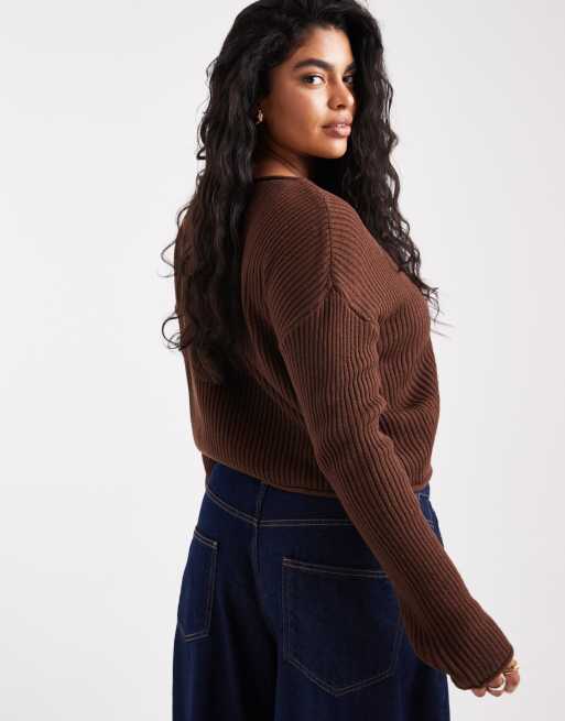 ASOS DESIGN Curve crew neck boxy rib knit sweater with rolled edges in chocolate, 4 of 4