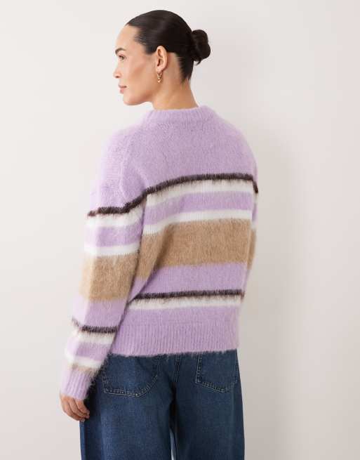 ASOS DESIGN Curve crew neck boxy sweater in brushed stripe in lilac, 4 of 4