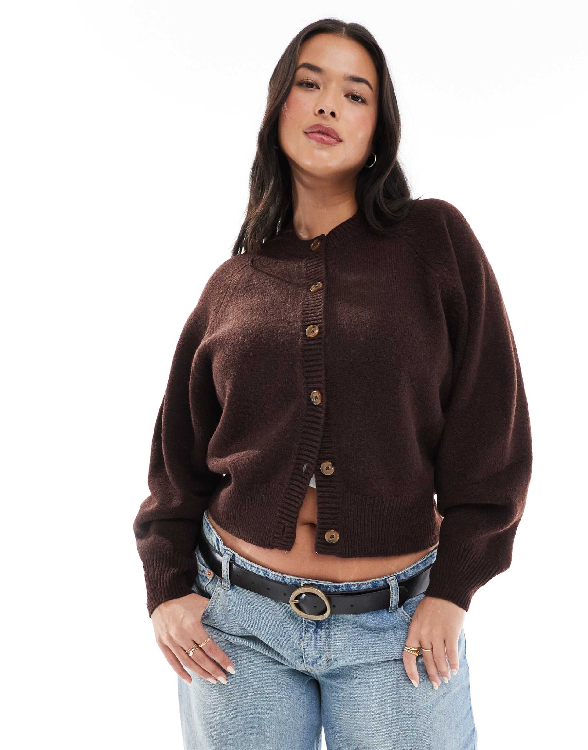 asos design curve crew neck cardigan with raglan sleeve detail in chocolate
