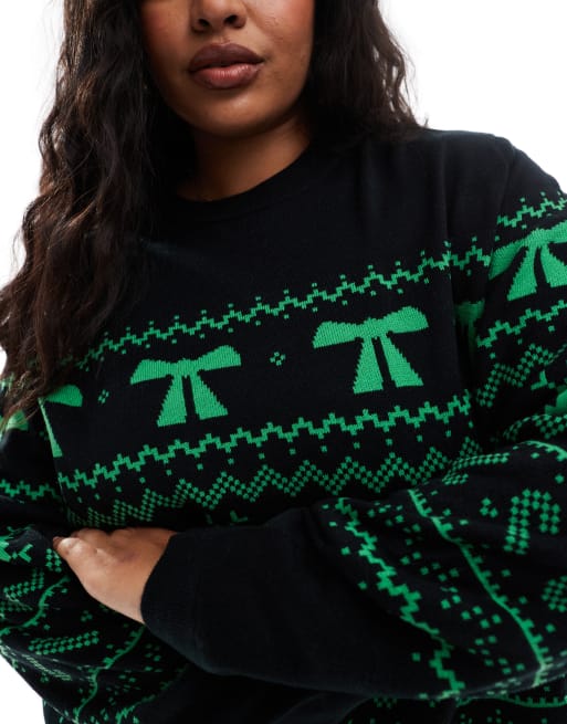 ASOS DESIGN Curve crew neck christmas jumper with fair isle pattern in black and green, 2 of 4