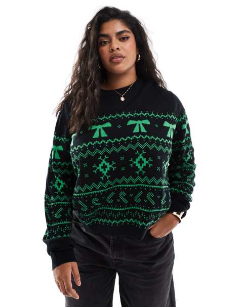 ASOS DESIGN Curve crew neck christmas jumper with fairisle pattern in black and green - view 1