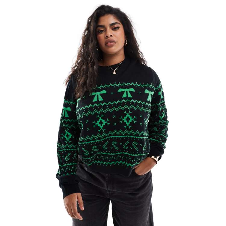 ASOS DESIGN Curve crew neck christmas jumper with fairisle pattern in black and green ASOS