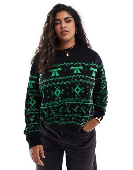 ASOS DESIGN Curve crew neck christmas jumper with fairisle pattern in black and green ASOS