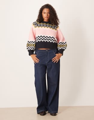 Asos Curve Asos Design Curve Crew Neck Clean Structured Fairisle Sweater In Blue