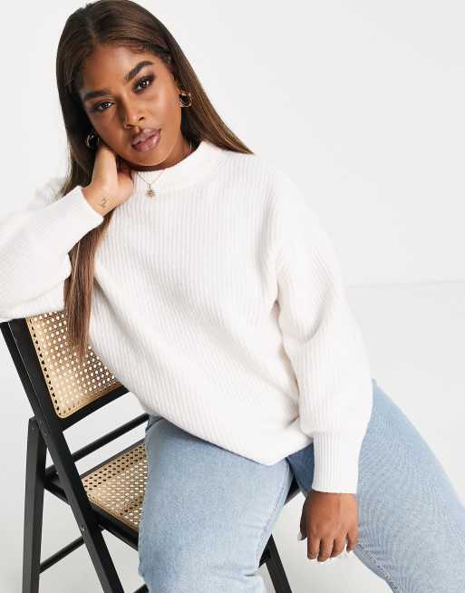 ASOS DESIGN Curve crew neck jumper in rib with fluffy yarn in cream