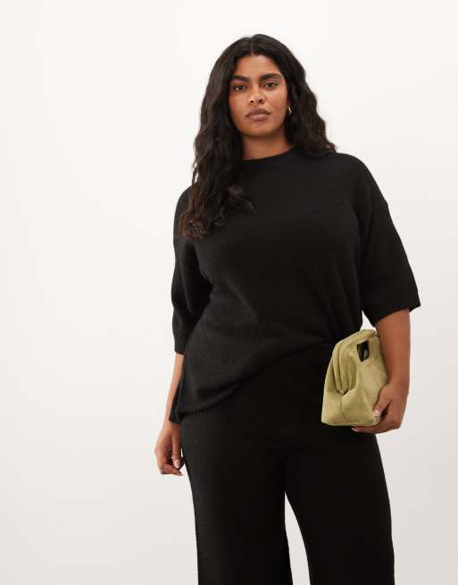 ASOS DESIGN Curve crew neck t shirt & midaxi skirt with wool co-ord in black, 3 of 3