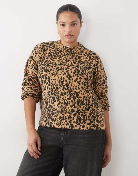 ASOS DESIGN Curve crew neck leopard print sweater in brown - view 1