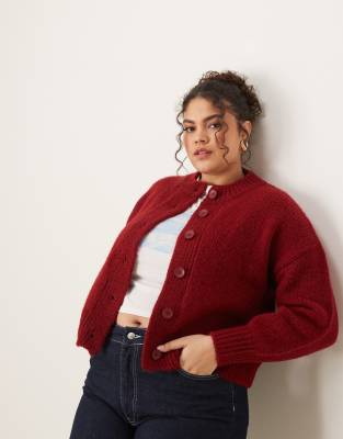 ASOS DESIGN Curve crew neck loose knit cardigan in burgundy-Green