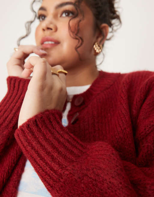 ASOS DESIGN Curve crew neck loose knit cardigan in burgundy, 2 of 4