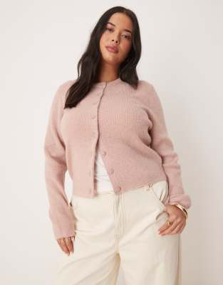 Asos Curve Asos Design Curve Crew Neck Loose Knit Fitted Cardigan In Pink