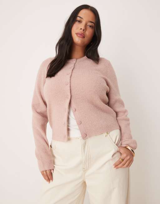 ASOS DESIGN Curve crew neck loose knit fitted cardigan in light pink