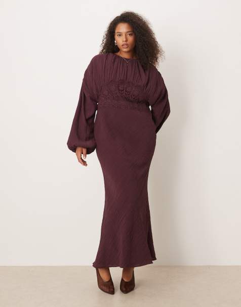 ASOS DESIGN Curve crew neck maxi dress with volume sleeve and lace bust detail in mulberry - view 1