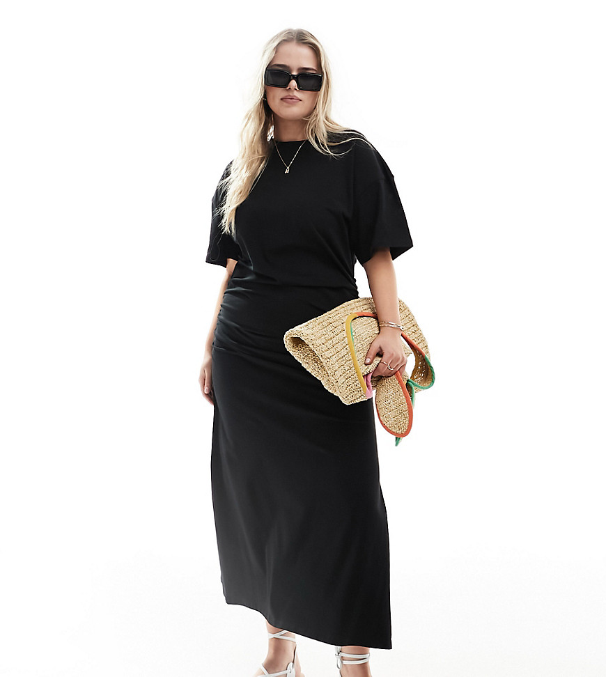 ASOS DESIGN Curve crew neck midaxi t shirt dress with ruched side in black