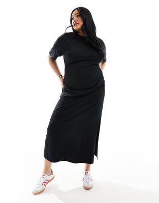 Asos Curve Asos Design Curve Crew Neck Midaxi T-shirt Dress With Ruched Side In Black