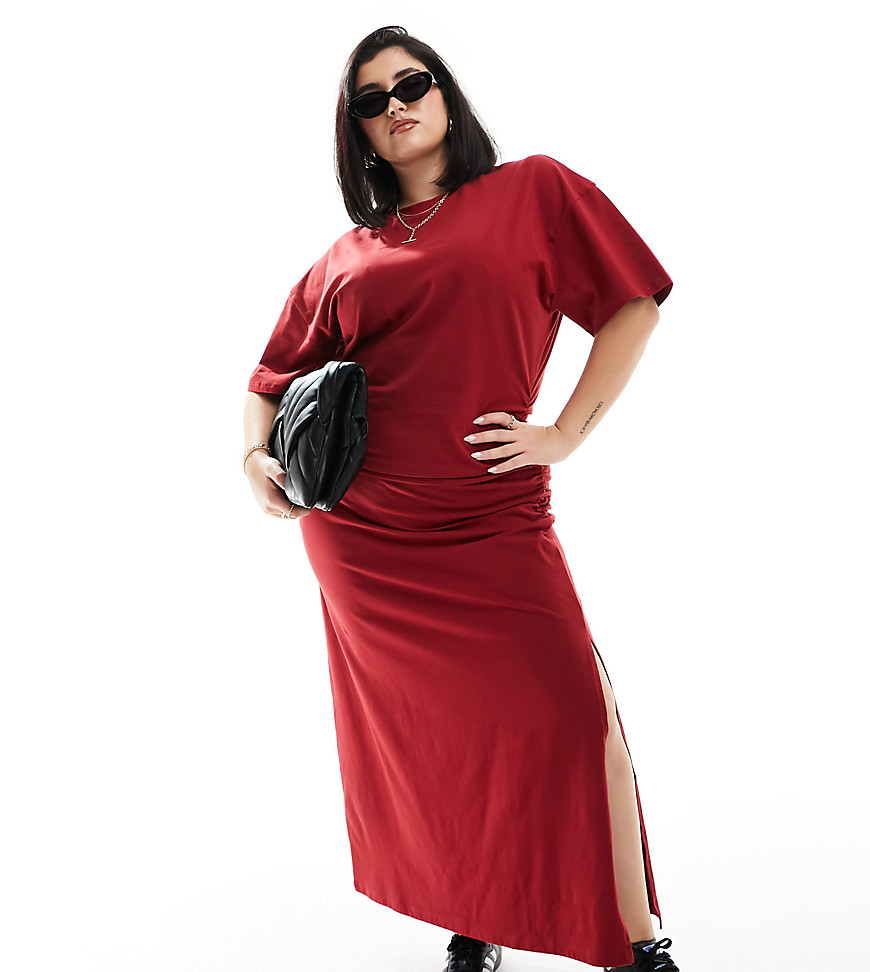 Asos Curve Asos Design Curve Crew Neck Midaxi T Shirt Dress With Ruched Side In Burgundy-red