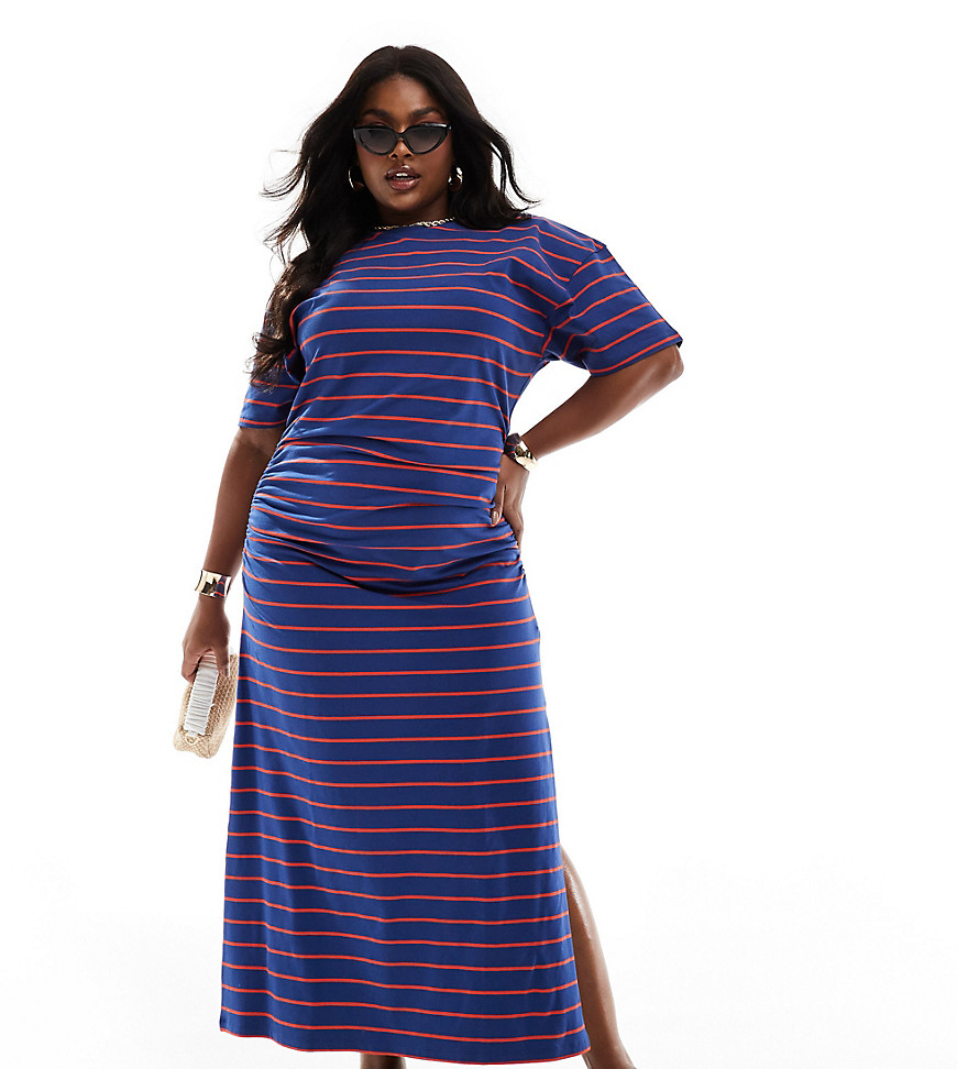 ASOS DESIGN Curve crew neck midaxi t-shirt dress with ruched side in navy and red stripe-Multi