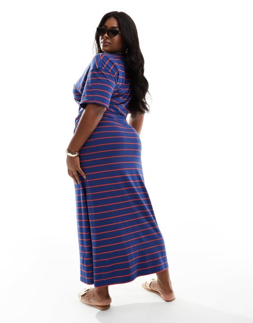 ASOS DESIGN Curve crew neck midaxi t-shirt dress with ruched side in navy  and red stripe | ASOS