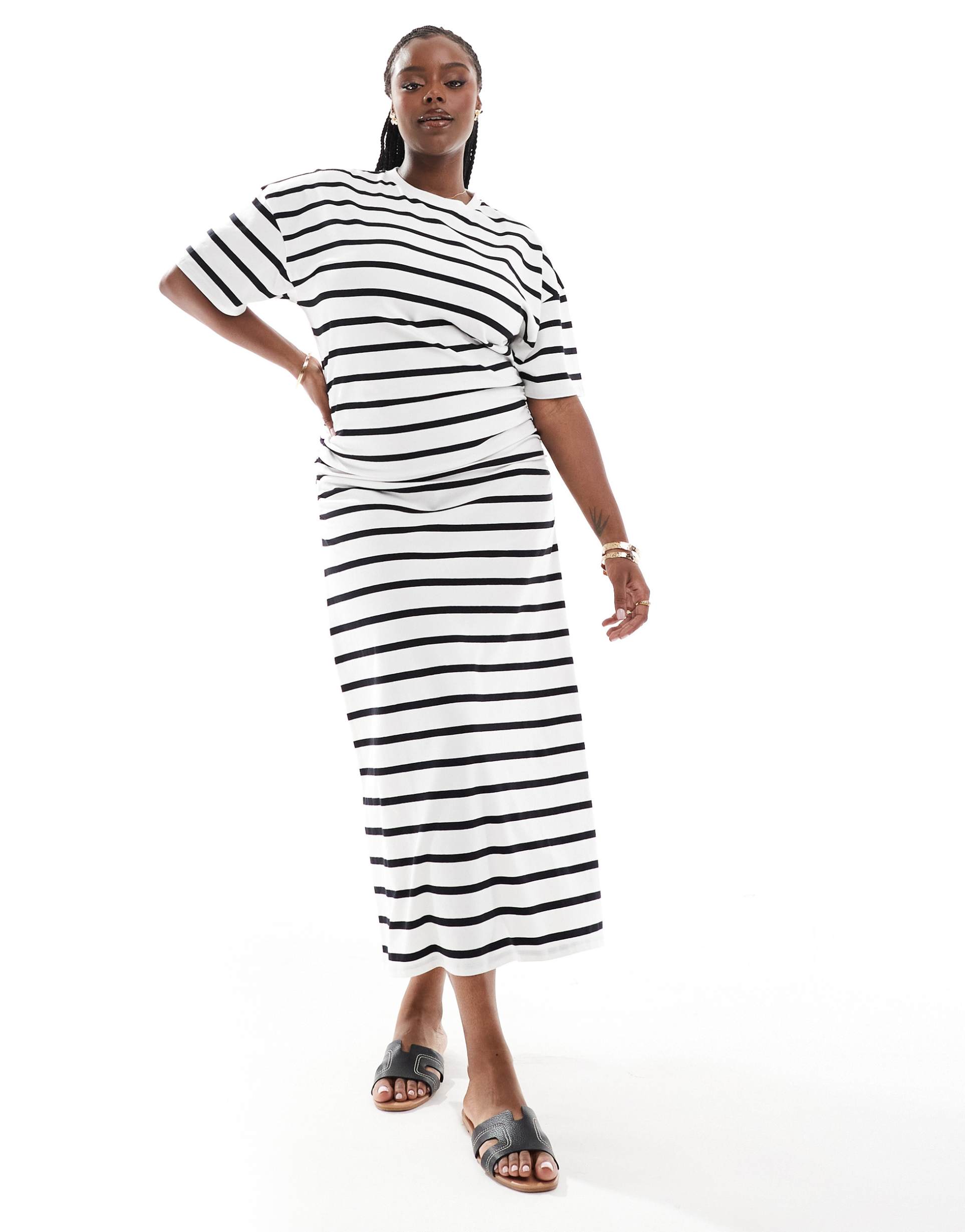 asos design curve crew neck midi t-shirt dress with ruched side in black and white stripe