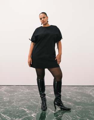 Asos Curve Asos Design Curve Crew Neck Mini Dress With Tie Sleeve Detail In Black