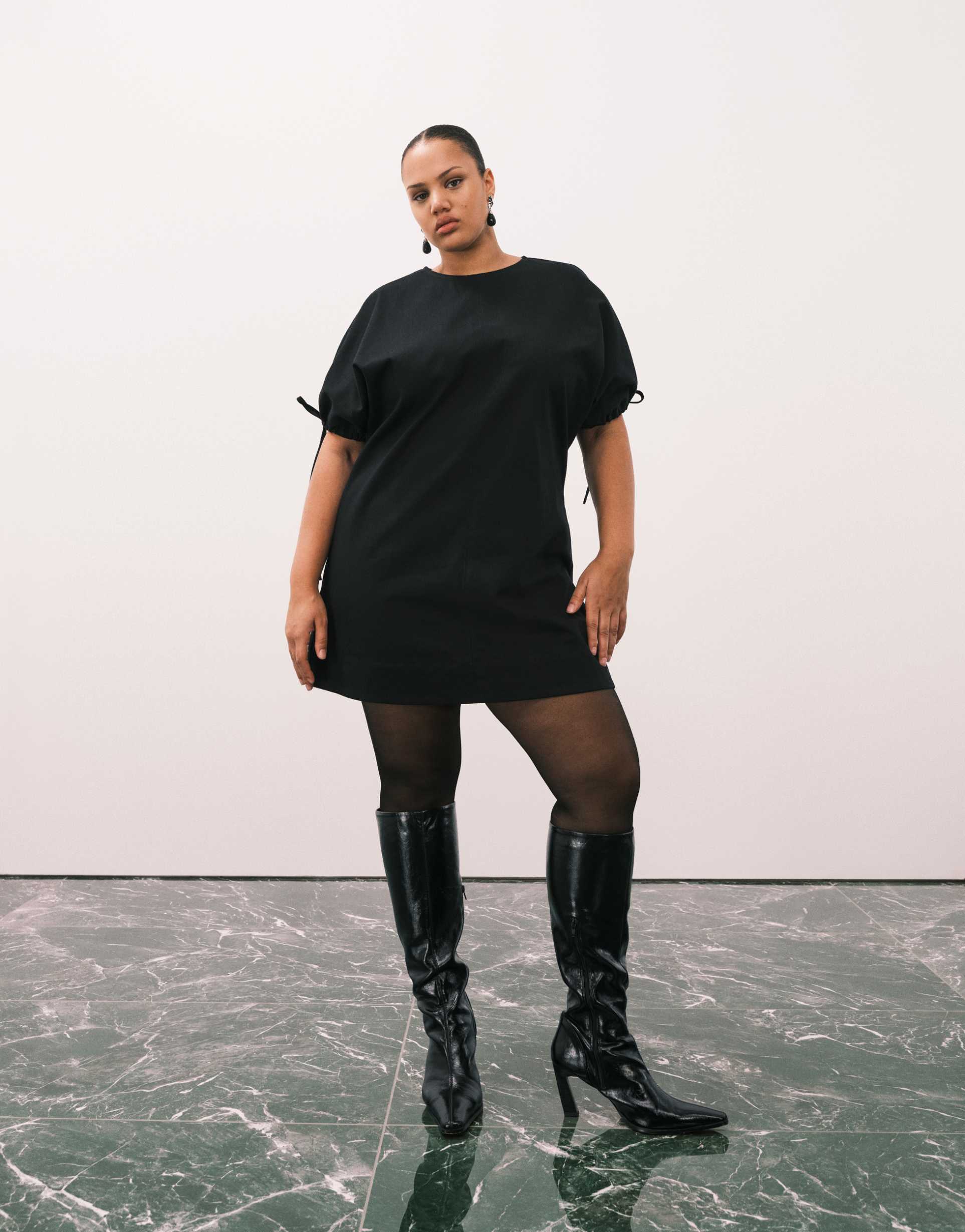 asos design curve crew neck mini dress with tie sleeve detail in black