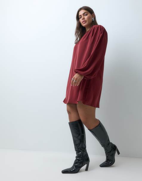 ASOS DESIGN Curve crew neck mini dress with volume sleeve in burgundy