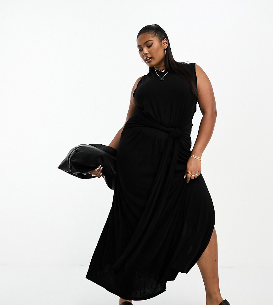 Asos Curve Asos Design Curve Crew Neck Sleeveless Midi Dress With Sarong Tie Skirt In Black