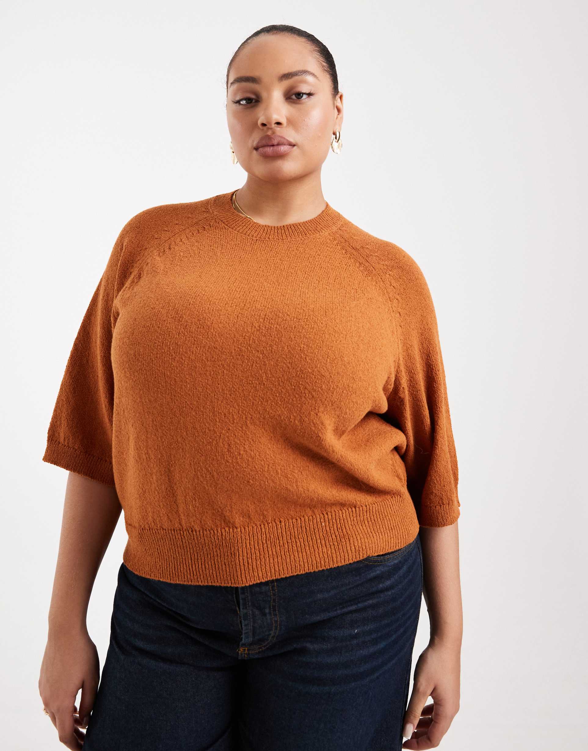 asos design curve crew neck slouchy dropped sleeves t-shirt in toffee