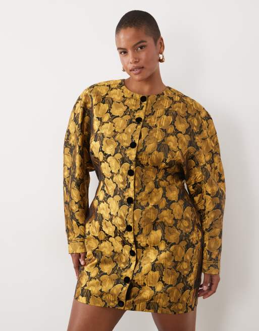 ASOS DESIGN Curve crew neck structured button down mini dress in gold floral, 3 of 4