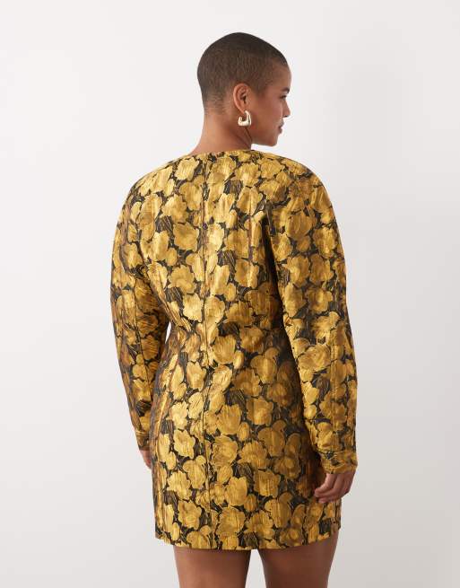 ASOS DESIGN Curve crew neck structured button down mini dress in gold floral, 4 of 4