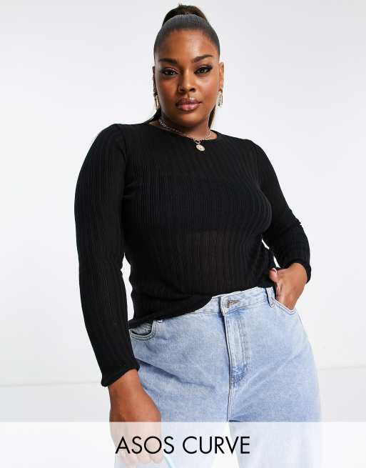 ASOS DESIGN Curve crew neck sweater in sheer rib yarn in black | ASOS