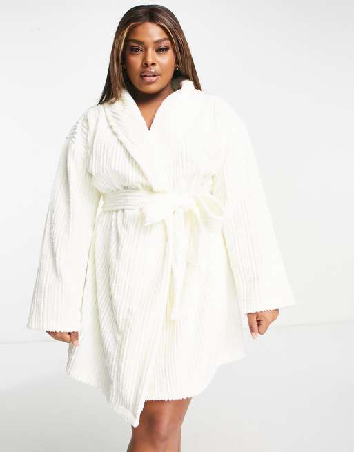 ASOS DESIGN Curve crimped rib faux fur mini robe in cream