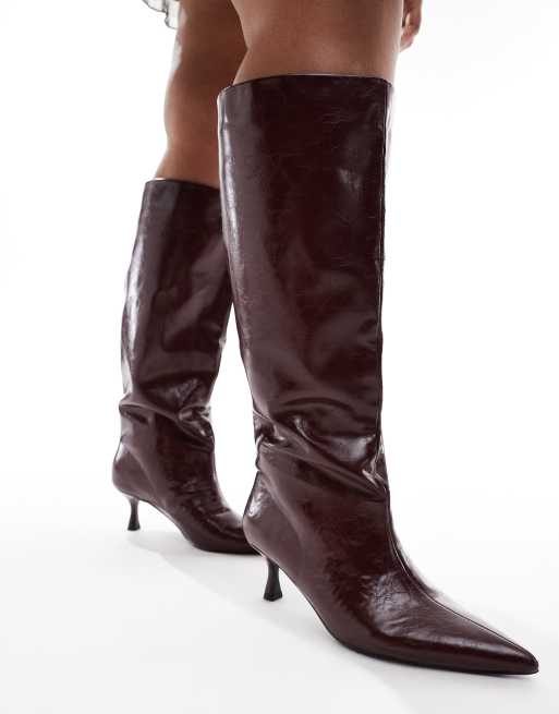 ASOS DESIGN Curve Crimson pull on kitten heel knee boots in burgundy