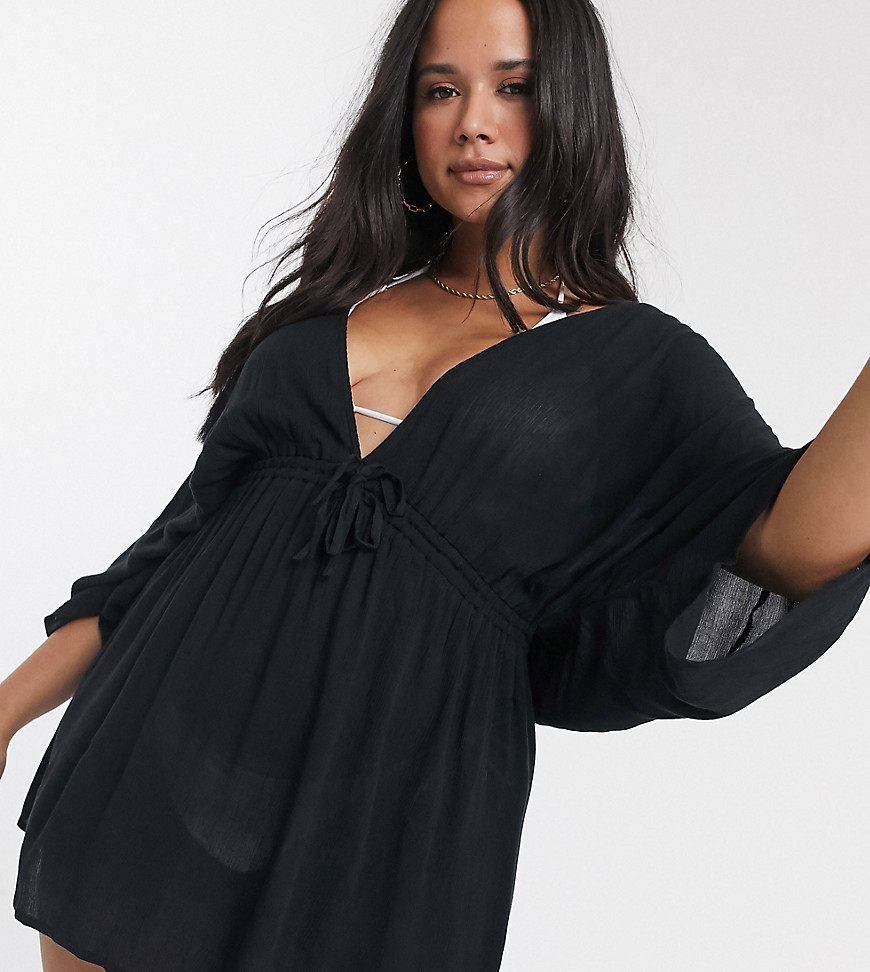ASOS DESIGN CURVE crinkle beach cover up with channel waist & drape sleeves in black