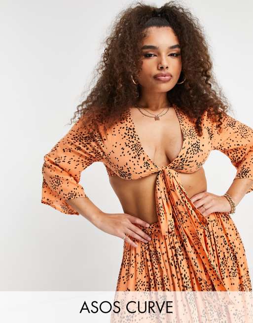 ASOS DESIGN curve crinkle beach crop top with ruffle sleeves in orange spot - part of a set
