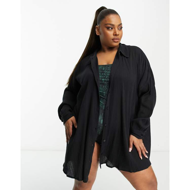 ASOS DESIGN Curve crinkle beach shirt in black