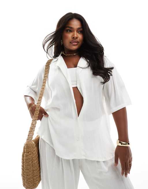 ASOS DESIGN Curve crinkle beach shirt in white (part of a set)