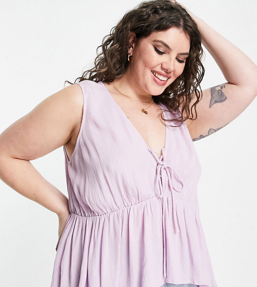 Asos Design Curve Crinkle Cami With Lace Up Front And Peplum Hem In Lilac-purple