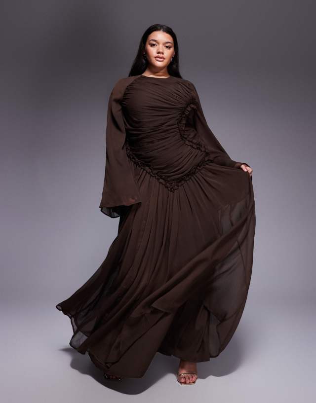 ASOS DESIGN Curve crinkle chiffon gathered maxi dress with micro ruffles in chocolate