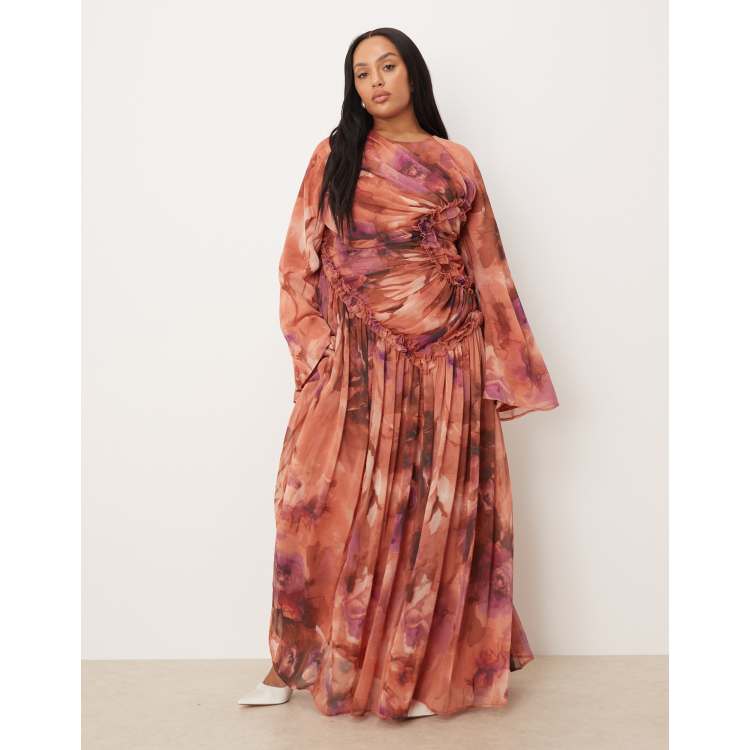 floral crinkle chiffon ruffle maxi dress ASOS DESIGN Curve crinkle chiffon gathered maxi dress with micro ruffles in  rust floral print
